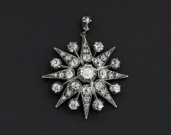 Antique Starburst Diamond Pendant, 14K White Gold Victorian Sunburst Necklace, Vintage Star Cluster Medallion Charm, Celestial Gothic