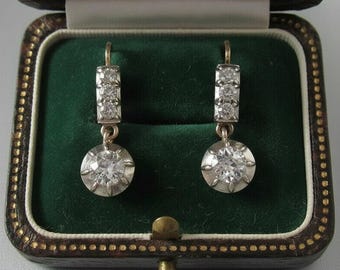 Antique Victorian Style Diamond Drop Earrings in 14K White Gold or Sterling Silver, Buttercup Setting Leverback Dangles, Vintage Bridal