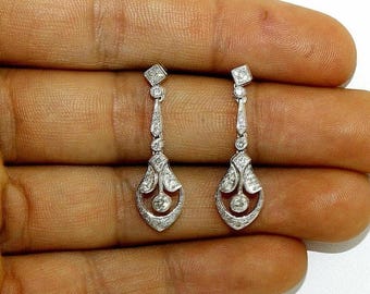 Art Deco Diamond Teardrop Earrings in 14K White Gold or Sterling Silver, Vintage Milgrain Dangle Earrings, Antique Style Bridal Drop Jewelry