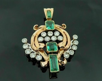 Antique Emerald Diamond Pendant, 14K Two Tone Gold Victorian Nouveau Necklace, Emerald Cut Green Gemstone Statement Pendant, May Birthstone