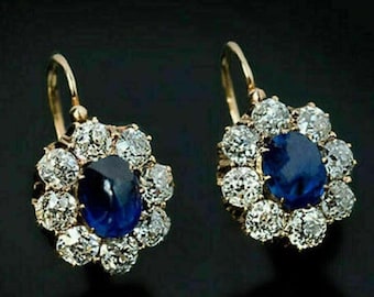 Oval Blue Sapphire Halo Earrings in 14K Yellow Gold or Sterling Silver, Royal Kate Inspired Cluster Drop Earrings, Vintage Bridal Something