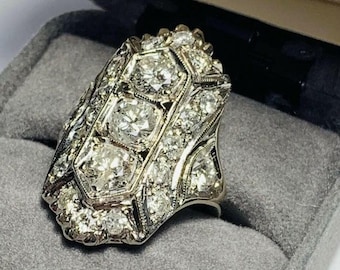 Antique Art Deco 3 Stone Diamond Dinner Ring, Solid White Gold Openwork Shield Ring, Vintage Edwardian Filigree Cocktail Ring, Unique