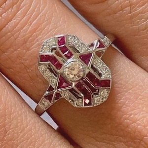 Art Deco Ruby Engagement Ring, Vintage Geometric Diamond Ring, Antique Style White Gold Ring, Elongated Filigree Statement Ring, Retro