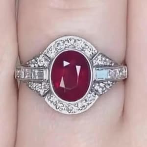 Art Deco Ruby Engagement Ring, Vintage Oval Ruby Halo Ring, Antique Style White Gold Ring, Baguette Diamond Shoulder Statement Ring,