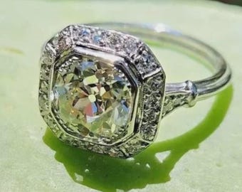 Antique Cushion Cut Old European Diamond Engagement Ring, Art Deco Octagonal Halo Ring, White Gold Vintage Bridal Ring, Promise Ring