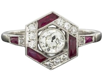 Art Deco Old European Cut Diamond Ruby Engagement Ring, Solid White Gold Hexagon Halo Ring, Vintage Geometric Target Ring, Antique Promise