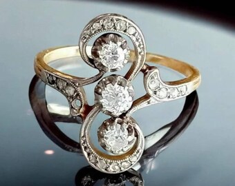 Vintage Art Deco 3 Stone Diamond Engagement Ring, Antique Edwardian Two Tone S Curve Ring, 14K Gold Filigree Swirl Promise Ring for Women