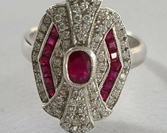 Art Deco Ruby Ring, Vintage Shield Cocktail Ring, Sterling Silver Ruby Engagement Ring, Antique Style Ring Unique Anniversary Gift for Her,