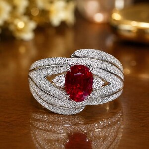 Oval Cut Red Ruby Cocktail Ring Sterling Silver Wide Band Ring Multi Row Pave Ring Christmas Jewelry Vintage Statement Ring Gift For Her