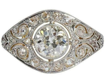 Antique Old European Cut Diamond Engagement Ring, Art Deco Marquise Shaped Halo Ring, White Gold Vintage Filigree Bridal Ring, Milgrain