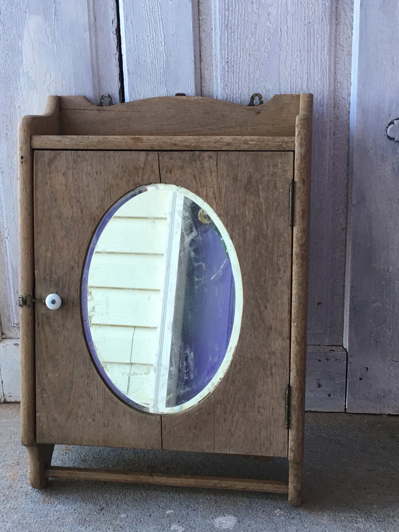 Antique Hard Wood Medicine Cabinet Towel Rack Oval Mirror All Original Parts Bathroom Home Decor Bohemian Solid Vintage