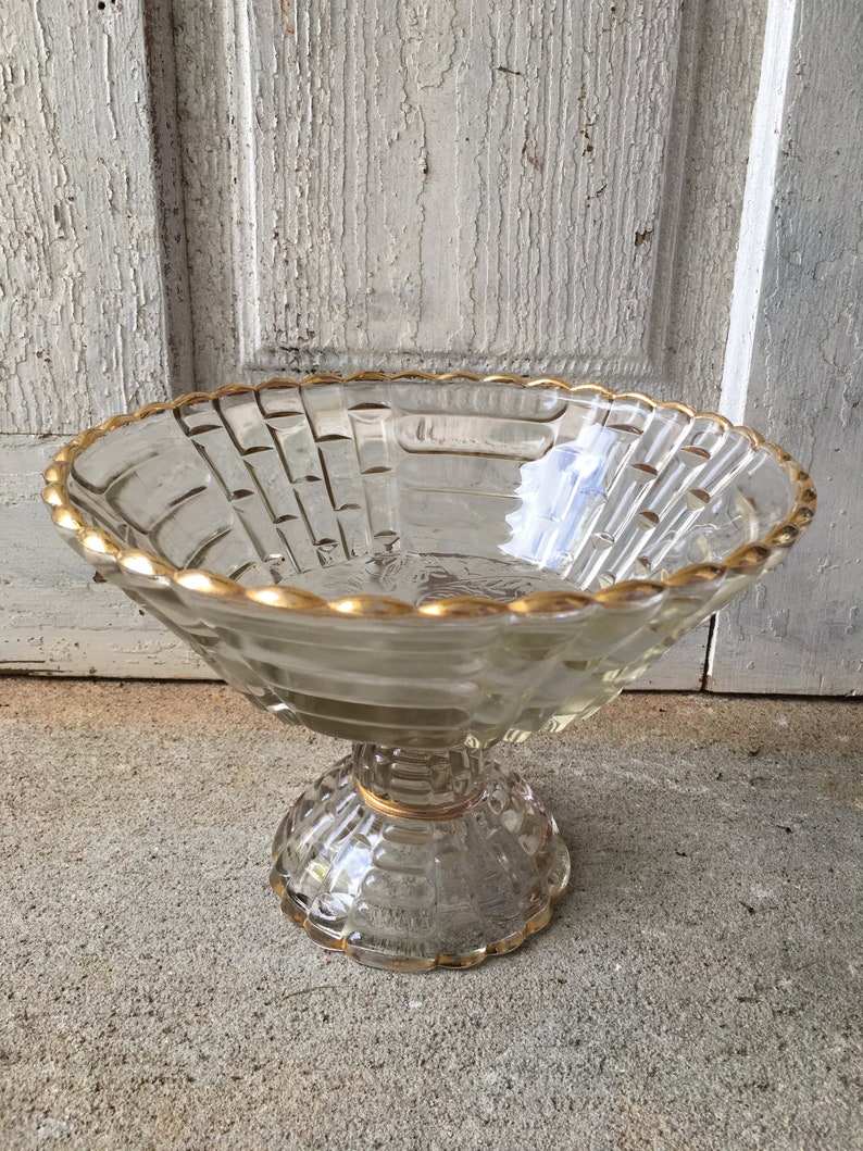 Mid Century Footed Glass Bowl With Gold Rims Embossed Floral Etsy