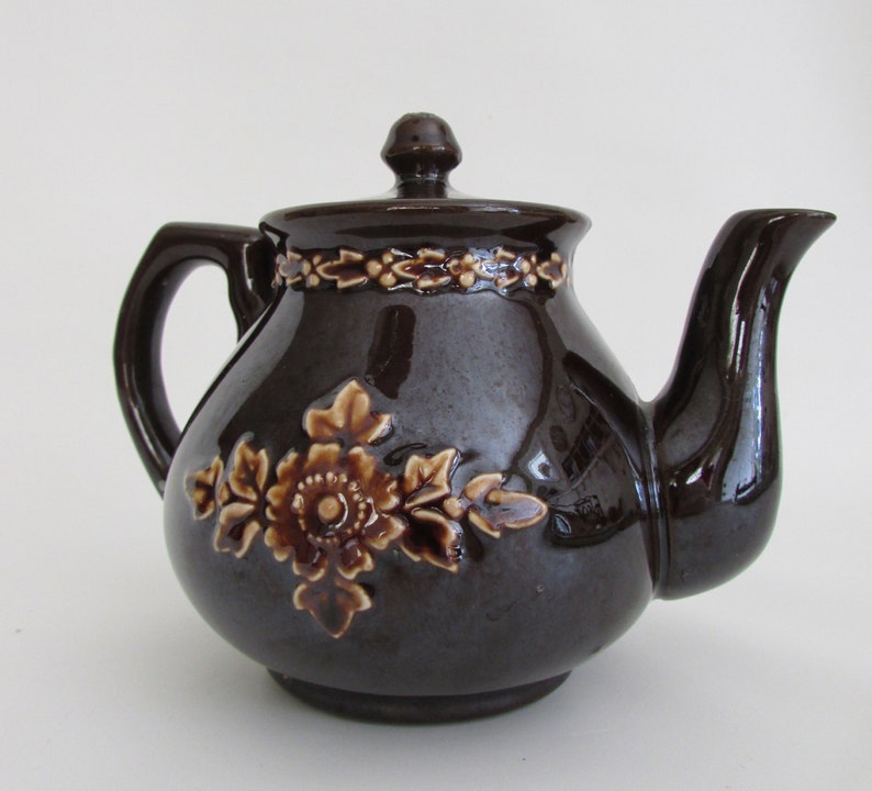 Teapot vintage brown with flowers small size made in Japan Etsy