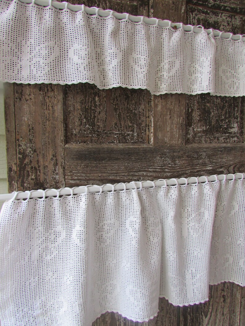 Vintage Hand Made Crochet Valances Cafe Curtains Cottage Style Etsy