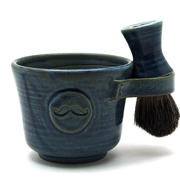 Shaving Set With a Blue Mustache, Black Badger Hair Brush and Shaving Soap Ready to Ship Gift for Dads