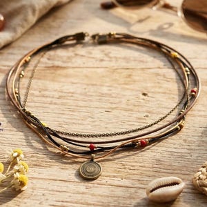 Collar bohemio de cuero en capas, joyería con colgante de múltiples hilos