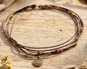Collar bohemio de cuero en capas, joyería con colgante de múltiples hilos