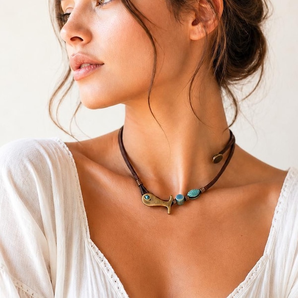 Handmade Fish Charm Necklace, Genuine Leather, Turquoise Beads, Boho Ethnic Jewelry