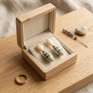 Può includere: Una scatola di gioielli in legno aperta, contenente un paio di orecchini e un anello d'oro. Gli orecchini hanno la parte superiore color crema e perline con motivi verdi e bianchi. Sono presenti anche un rametto di lavanda e una piccola pietra.