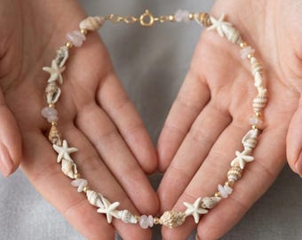 Boho Seashell Necklace with Turquoise Beads, Handmade Beach Jewelry, Natural Shell Choker