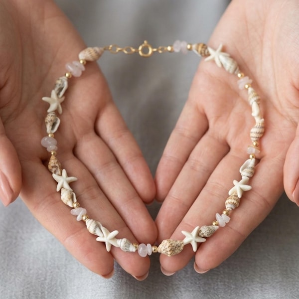 Boho Seashell Necklace with Turquoise Beads, Handmade Beach Jewelry, Natural Shell Choker