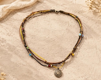 Gelaagde leren bohoketting, meerstrengige hangersieraden