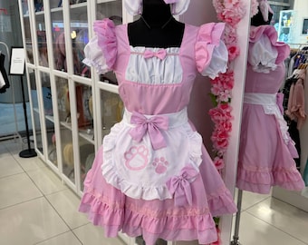 Pink White Maid Outfit – Anime Cosplay Dress with Ruffles, Apron &  Puff Sleeve Dress