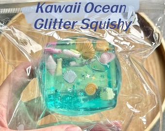 Clear Ocean Resin-Style Squishy, Handcrafted Seashell & Starfish Jelly Cube, Desk Decor/Anxiety Reliever