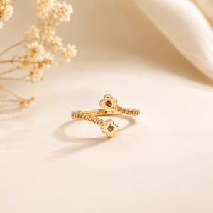 Adjustable Gold Plated Clover Ring, Dainty Open Ring, Minimalist Gold Ring, Four Leaf Flower Ring, Stackable Ring, Gift for Her