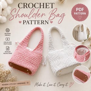 May include: A digital PDF pattern for a crochet shoulder bag featuring two examples: one in pink and one in white. Both bags have a drawstring closure, a solid brown base with metal feet, and a textured stitch pattern. Text includes CROCHET Shoulder Bag PATTERN.