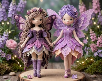 May include: Two handmade crochet fairy dolls in shades of purple, lavender, and cream, with detailed wings and flower accents. They stand on a wooden slice, surrounded by flowers and soft lighting, creating a whimsical scene.
