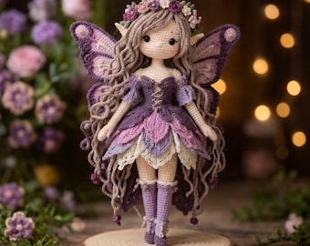 Bloemenfee gehaakte pop pdf-patroon – Floria amigurumi-pop, Gothic Fantasy gevleugelde pop-tutorial, DIY handgemaakte gehaakte pop