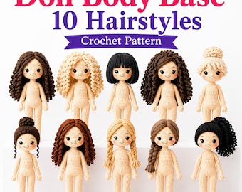 Peut inclure: Un modèle de crochet intitulé Doll Body Base 10 Hairstyles présentant dix poupées amigurumi au corps beige avec diverses couleurs et styles de cheveux, incluant des chignons, des tresses, des boucles et des cheveux lisses, disposées sur deux rangées.