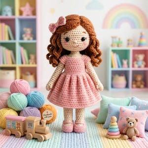 Puede incluir: Una muñeca de ganchillo hecha a mano, con cabello castaño rojizo y un vestido rosa, se encuentra sobre una alfombra colorida. La muñeca tiene un lazo en el pelo y está rodeada de ovillos de lana, cojines y juguetes de madera, incluyendo un tren y un oso de peluche. El fondo presenta un arcoíris y estanterías.