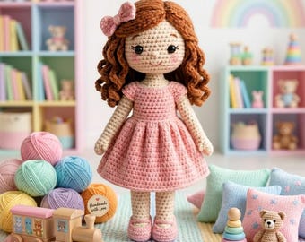 Patrón de muñeca amigurumi de ganchillo, muñeca linda para niña en PDF, patrón fácil para principiantes, juguete con vestido rosa, idea de regalo hecho a mano, descarga instantánea.