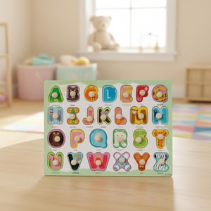 Casse-tête alphabet Montessori en bois avec boutons : animaux, fruits, véhicules (3D)