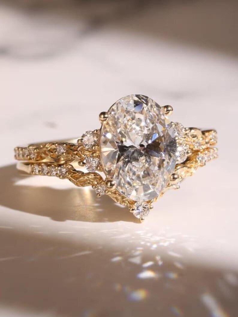 3 Oval Cut Moissanite Engagement Ring Set, 14K Solid Gold Bridal Ring ...