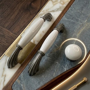 Porcelain Cabinet Handle 128mm 160mm, Vintage Ceramic Drawer Pull, Kitchen Cabinet Handle, Wardrobe Handle, Gold Metal Handle