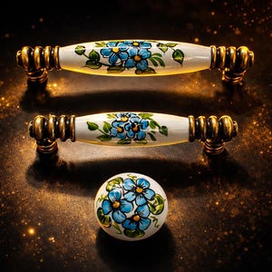 Peut inclure: Deux poignées de meubles blanches et dorées et un bouton assorti. Les poignées et le bouton sont décorés de motifs floraux bleus et de feuilles vertes. La quincaillerie est probablement pour une armoire ou un tiroir.