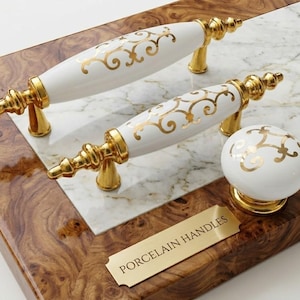 Porcelain Cabinet Knob, Vintage Drawer Pull, Modern Kitchen Handle, Decorative Furniture Knob, Gold Hardware, Single Knob