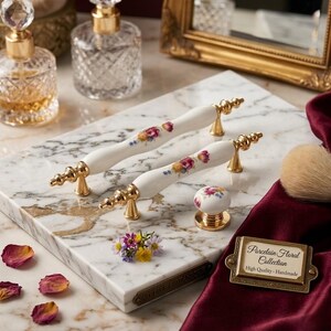 Vintage Floral Porcelain Cabinet Handle, Gold Ceramic Drawer Pull, Shabby Chic Cabinet Knob, Kitchen Cabinet Handle, Dresser Pull