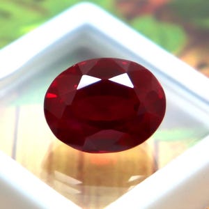 May include: A deep red, oval-cut gemstone with a faceted surface, displayed inside a square white plastic case. The text FortWayneGems is printed in black on the front edge of the white case, which features a clear lid.