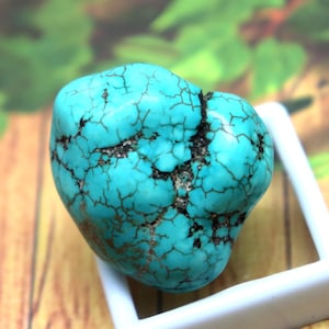 May include: A polished turquoise gemstone with a vibrant cyan blue colour and intricate dark brown to black matrix veining throughout the surface. The stone is resting against a small, square white plastic display frame or stand.