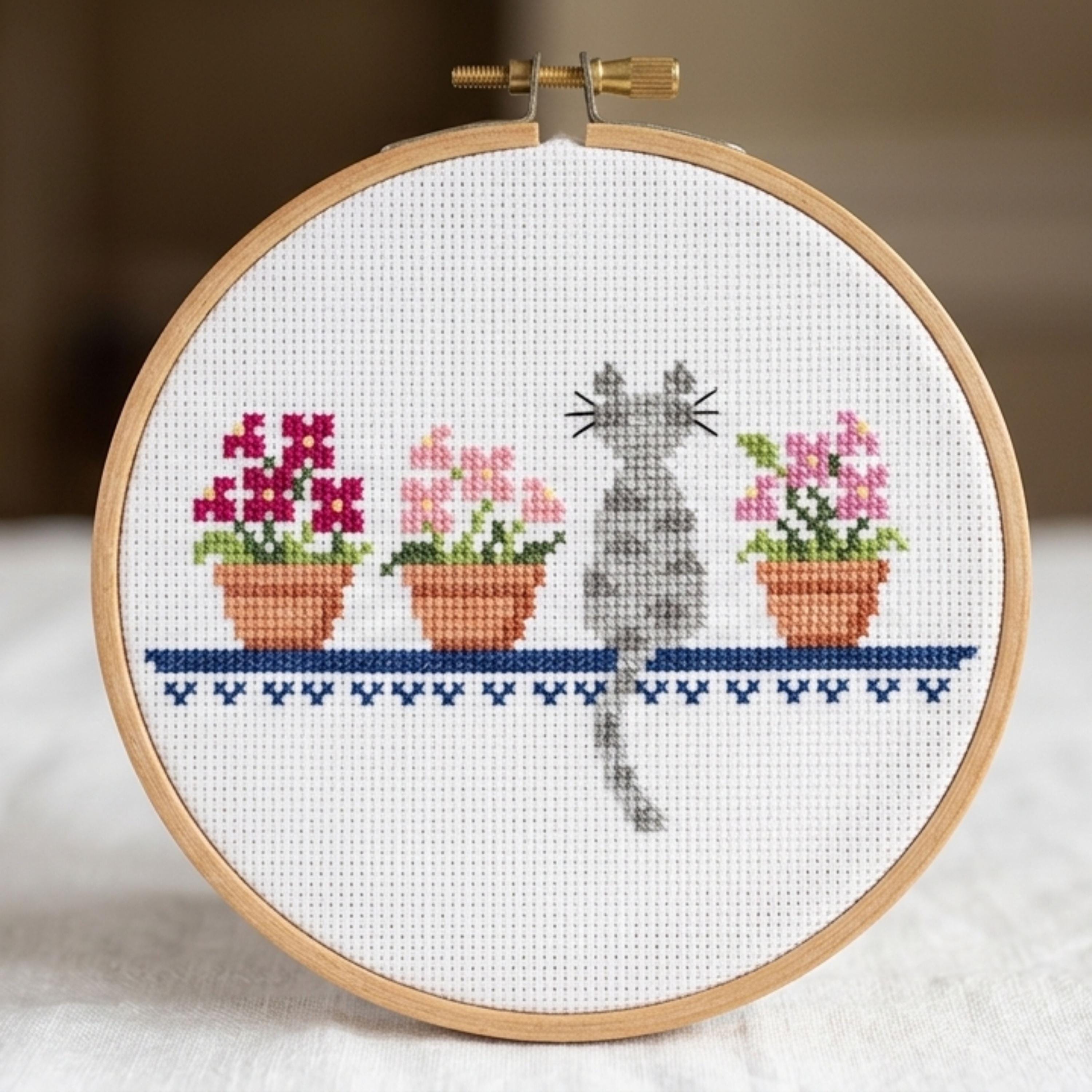 Floral Cat Cross Stitch Pattern PDF, Cute Cat Embroidery Design, Cat ...