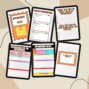 May include: Six rectangular pages featuring appointment notes, contact information, and preparation checklists. The pages include headers such as Appointment Notes, Contact Information, Things That Help Me, and Preparation for the Appointment.