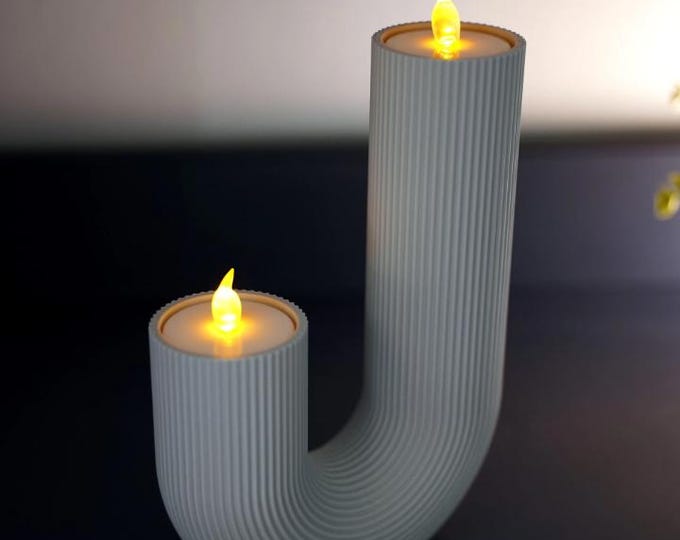 Modern J-Shaped Candle Holder for LED Candles | Minimalist Fluted Candlestick | 3D Printed Nordic Decor | Centerpiece