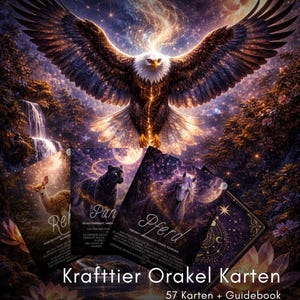Könnte beinhalten: Ein Kartenset Krafttier Orakel Karten mit einem Guidebook, das einen Adler mit ausgebreiteten Flügeln und Karten mit Tierillustrationen zeigt. Der Text "Krafttier Orakel Karten" und "57 Karten + Guidebook" sind sichtbar.