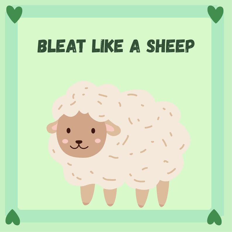 May include: A light green square card with a cartoon sheep illustration and the text "BLEAT LIKE A SHEEP" in dark green. The sheep is white with a brown face and legs. Green hearts are in the corners.