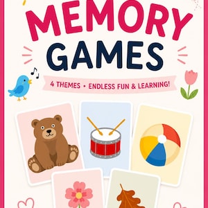 Op de afbeelding: Een geheugenspel voor kinderen met de woorden "MEMORY GAMES" in grote roze letters. De set bevat geïllustreerde kaarten met thema's als een beer, een trommel, een strandbal, een bloem en een blad. De tekst luidt "4 THEMA'S • EINDELOOS PLEZIER & LEREN!"