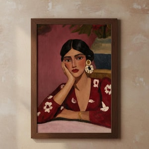 Burgundy Woman Portrait Print — Feminine Digital Download Wall Art